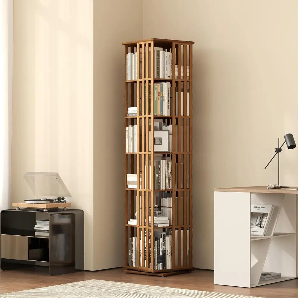 YOWOS Rotating Bookshel Tower, 360° Display Spinning Bookcase, Bamboo Bookshel loor Standing Storage Rack, Wood Narrow Book Shel