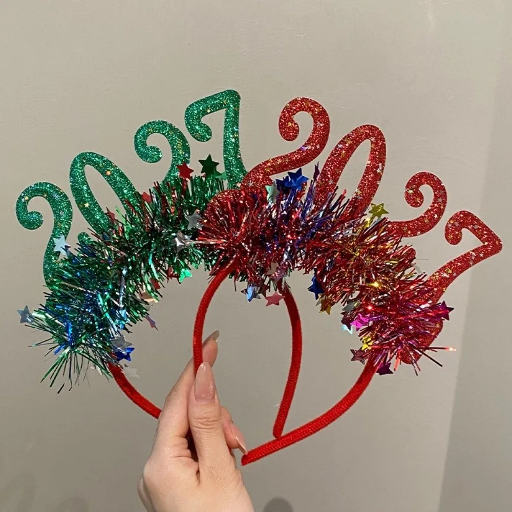 Light‑Up 2027 New Year Headband Glitter Sequined Led 2027 Number Hair Hoop Star Tinsel Flexible Party Hair Accessory