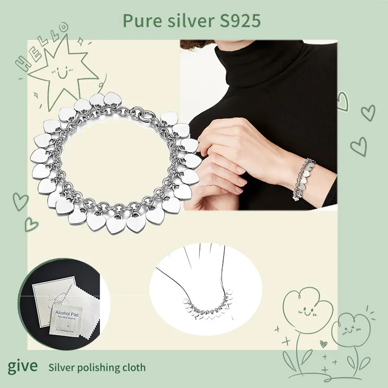 

Pure silver s925 bracelet Fashion temperament, personality, multiple heart-shaped bracelets, women's jewelry accessories
