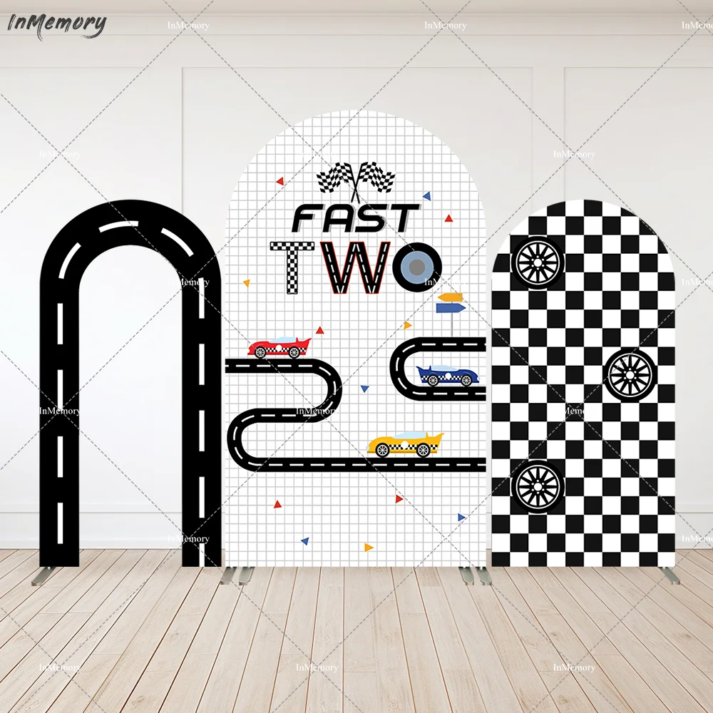 Racer Boy Birthday Party Arch Backdrop Wall Panels Black Open Racing Road Arched Cover Two Fast Baby Shower Background Banner