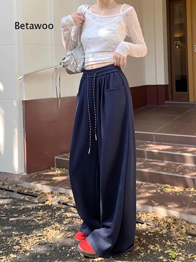Women High Waist Wide Leg Floor Length Pant With Drawstring Fleece Lined Relaxed Straight Cut Trousers For Autumn Winter Daily