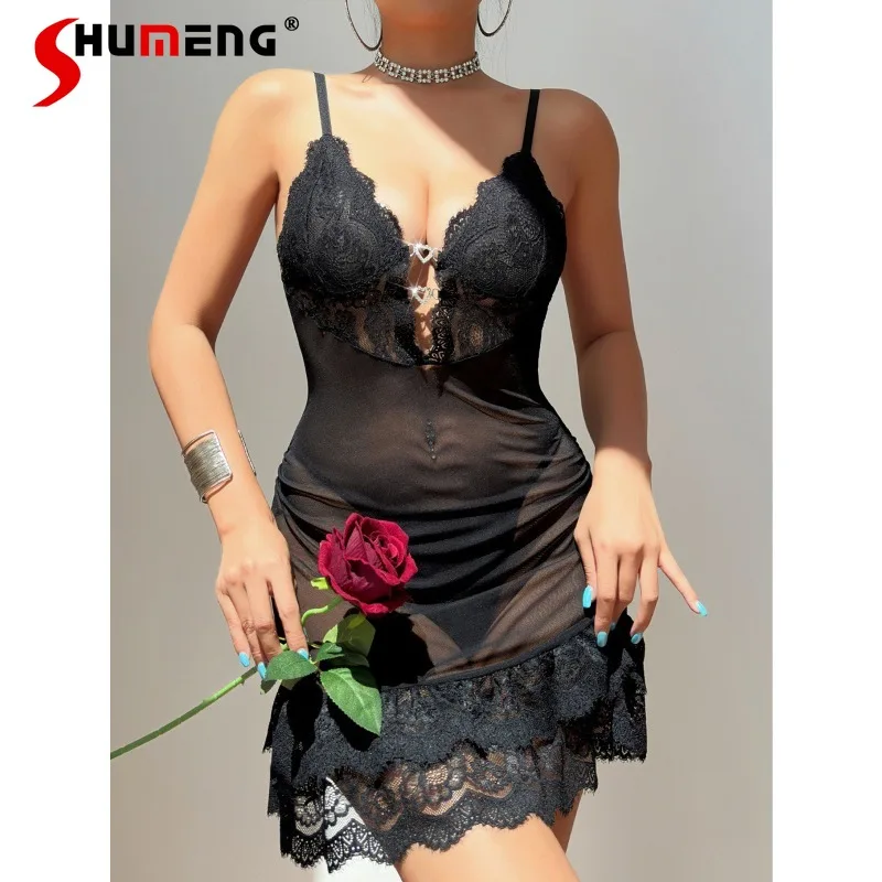 

Pure Black Desire Nightdress for Women Sexy Sheer Lace Temptation Bodycon Nightgowns Female Summer Sleeveless Underwear