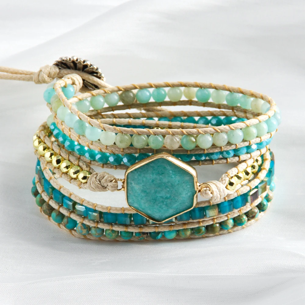 New Fashion Bohemian Rose Quartz Amazonite Natural Stone Glass Beaded Rhombus Charm Hand-woven Wax Rope 5 Strand Wrap bracelet