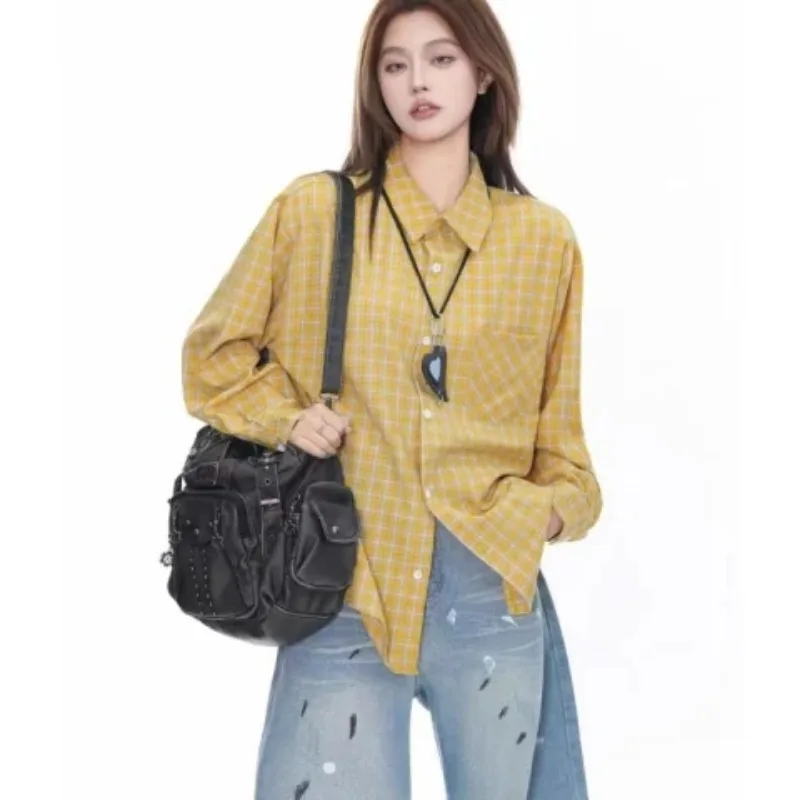 Spring Autumn Unisex Couple Yellow Checkered Plaid Shirt Long Sleeve Blouse Casual Sun‑protection Streetwear Shirt Female Tops