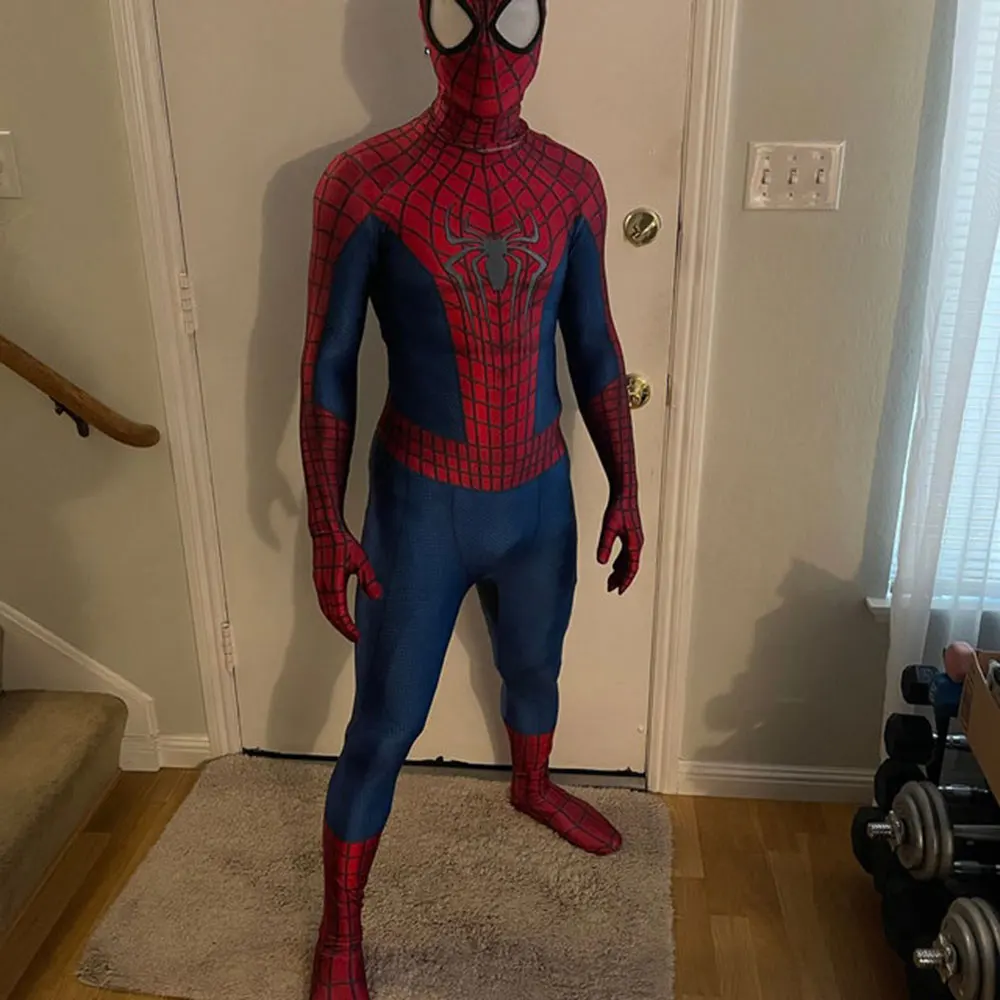 Disfraz de Halloween para hombre, traje de superhéroe Zentai para adultos y niños, mono completo de fiesta, Spiderman, TASM