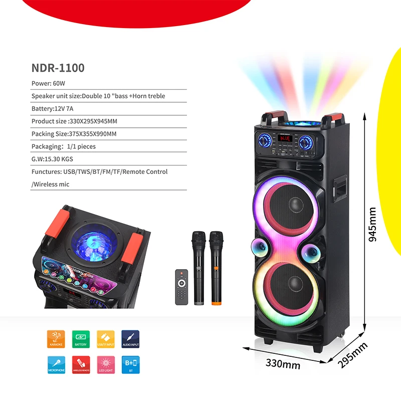 

NDR-1100 Double 10 Inch Outdoor DJ Wireless Speaker Powerful Active Professional Stage Trolley Big Sound Parties Computer Use