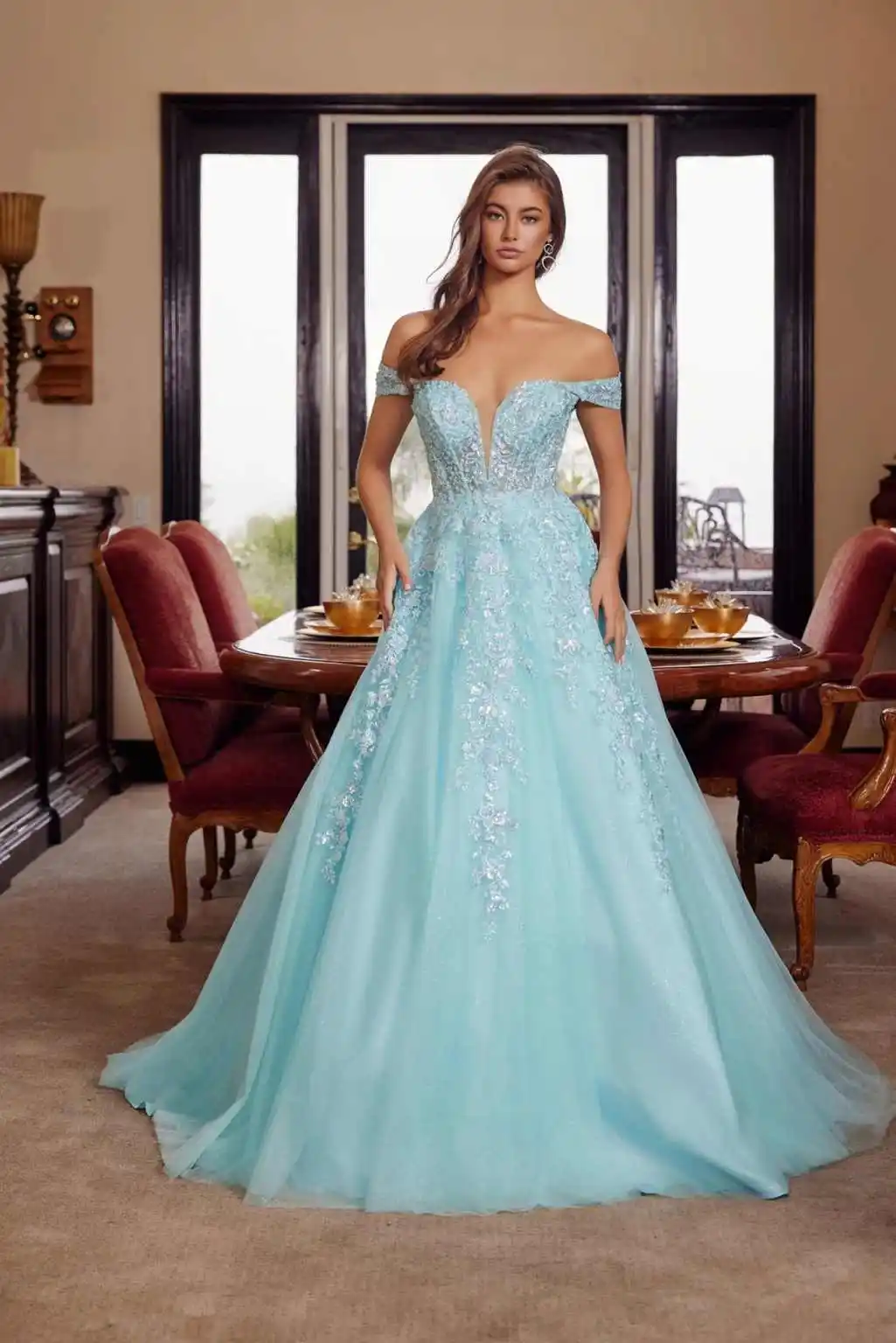 Dreamy Evening Dresses Off Shoulder Deep V Neck Sparkling Beaded Lace Voluminous Tulle Ball Gown Skirt Gala Birthday Celebration