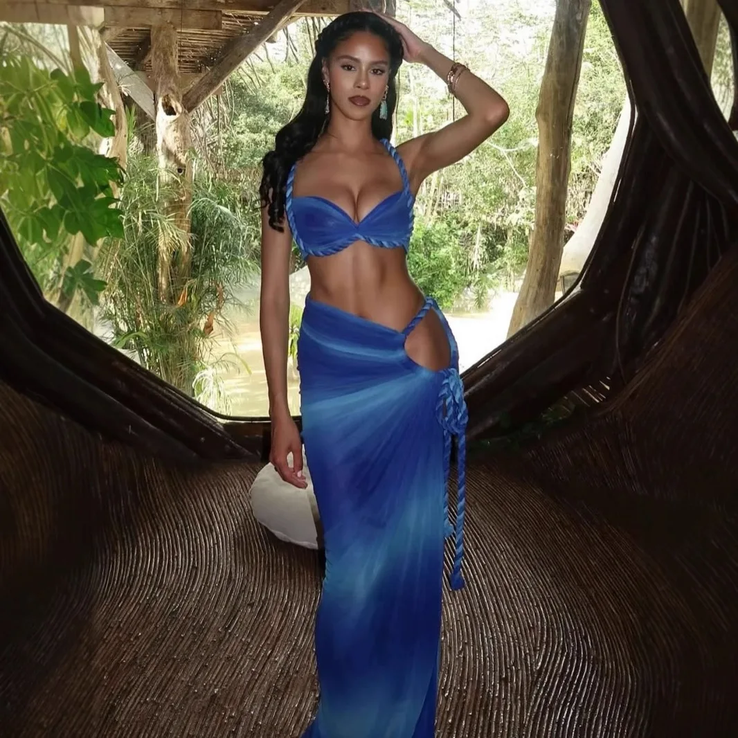 

Американский стиль, летняя новая мода, сексуальный пляжный отдых, купальник, тканый топ на бретельках, разделенный платье, костюм