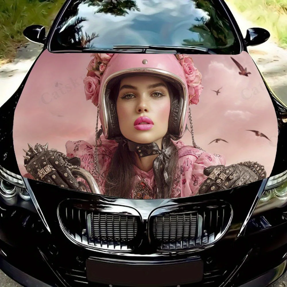Romantic Flower Decorations Girl Car Vinyl Wrap, PVC Waterproof Car Hood Sticker, Self-Adhesive Scratch-Resistant Stickers for E