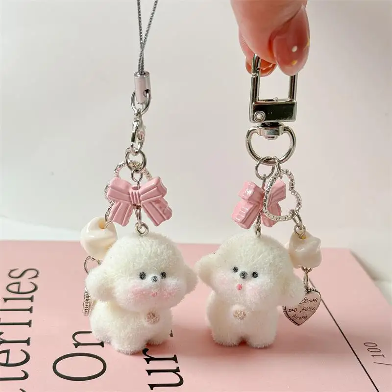 Cute Cartoon Bear Puppy Bow Beaded Keychain Pendant Flocking Animal Design Backpack Ornament Bag Lanyard Phone Chain