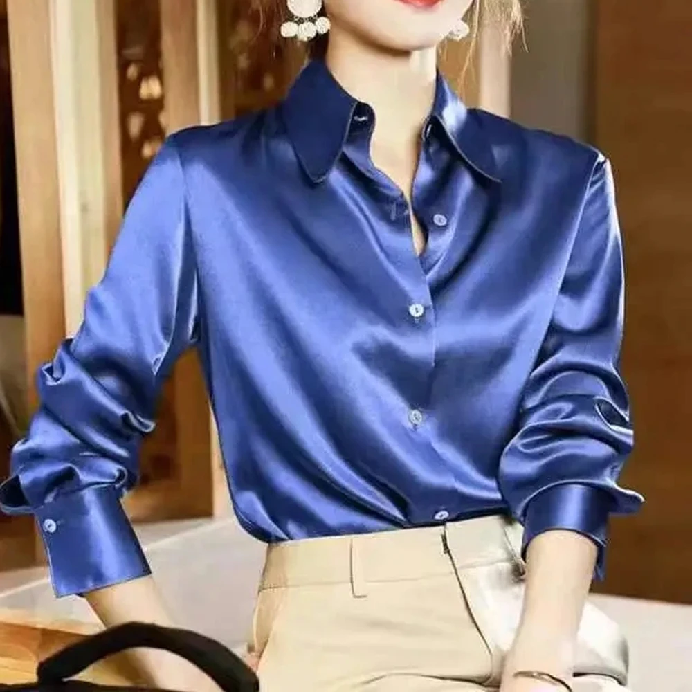 High Quality Shirt Women\'s Summer Drape Thin Style New Long Sleeved Loose Slim Office Luxury Top Silk Satin Blouse