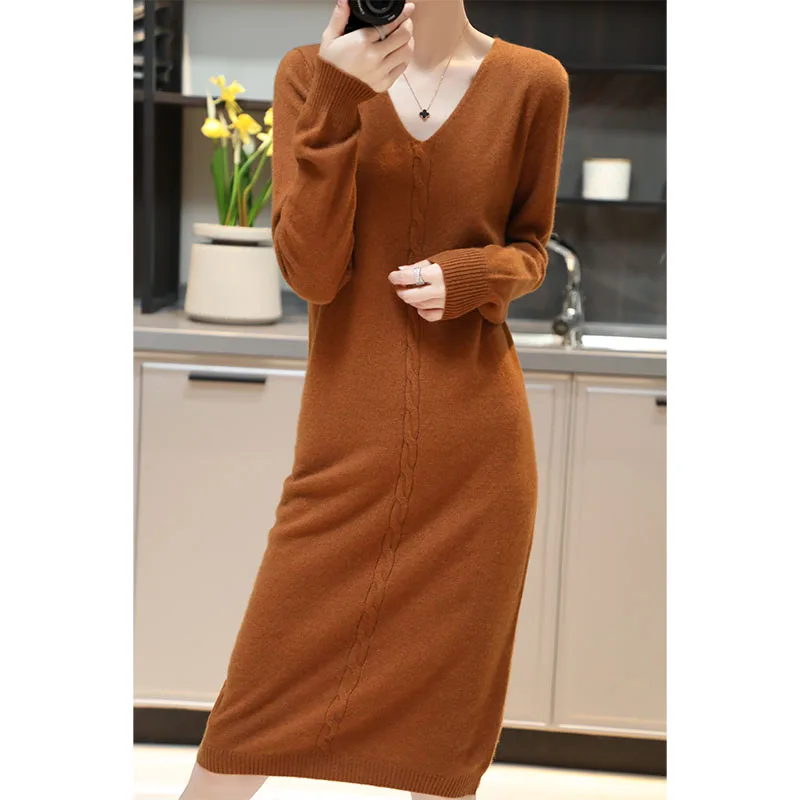 

V-Neck Soft Women Cashmere And Wool Sweaters 2022 New Arrival Menca Sheep Autumn/Winter Knitted Female Dresses