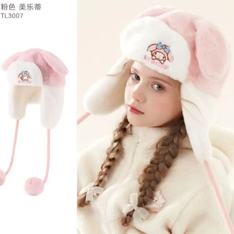 Sanrio Kuromi My Melody Plush Windproof Hood Winter Kawaii Keep Warm Tab Lei Feng Cap Comfortable Hat Fashion Girlfriend Gift