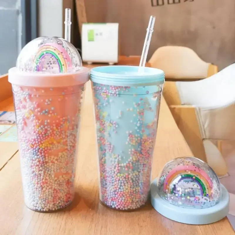 

New 550ML Cup Rainbow Bubble Sequined Glitter Cup Coffee Juice Straw Mug Personalized Plastic Bottom Outdoor Reusable Straw Cup