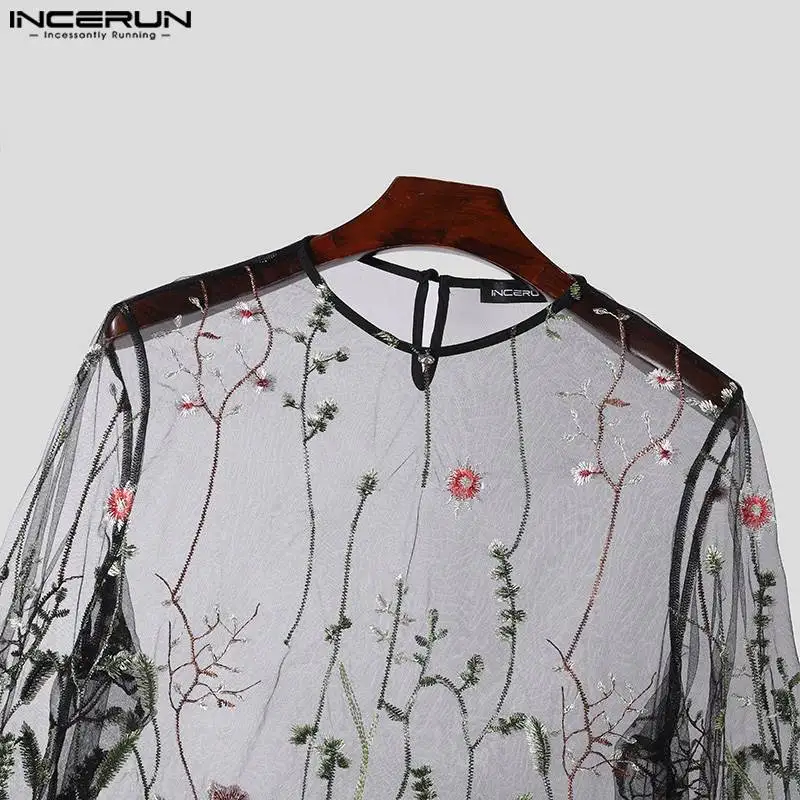 2024 Men T Shirt Mesh See Through Embroidery O-neck Long Sleeve Men Clothing Streetwear Sexy Fashion Party Camisetas INCERUN