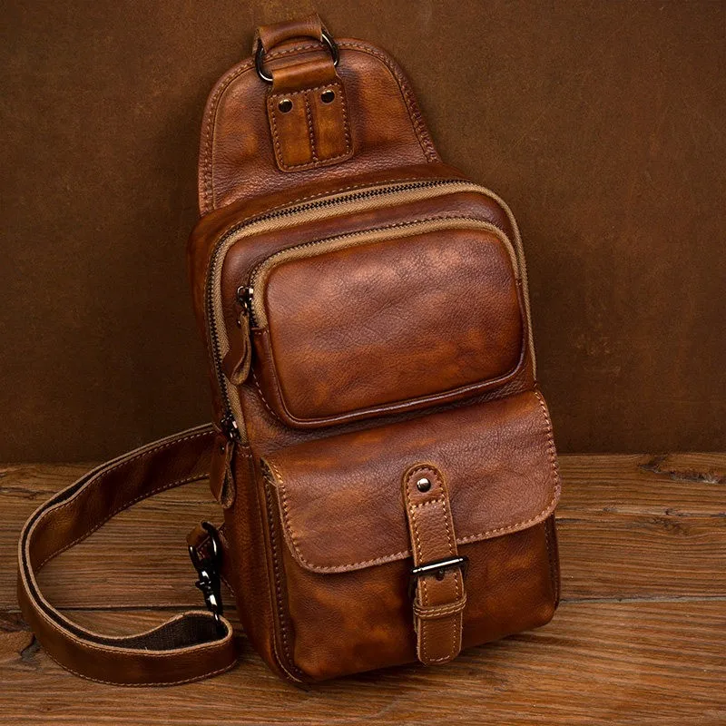 Vintage Trend Pure Handmade Polished Genuine Leather Chest Bag for Men, Top-Grain Cowhide Shoulder Bag Casual Crossbody Bag