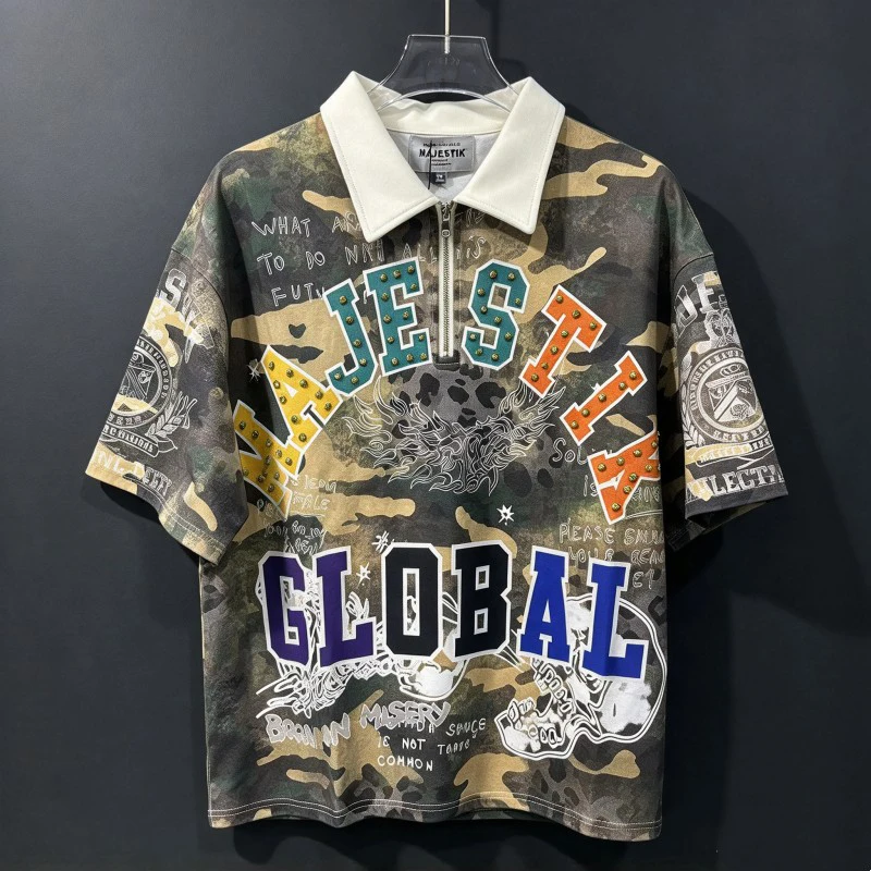 Nail Bead Colored Letter Printed Graffiti Skull Half Zip Lapel Tops Tie Dye MAJESTIK Tshirts Summer Men Women Hiphop Streetwear