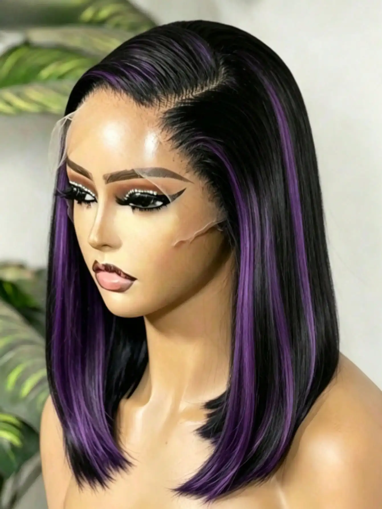 180 Density Highlight Purple Straight Bob Wig Lace Frontal Wigs Human Hair Skunk Stripe Color Glueless 13x4 HD Transparent Lace Frontal Wigs Human Hair Wigs Pre Plucked Black and Purple Short Bob for Women Beginner Friendly For Halloween Use