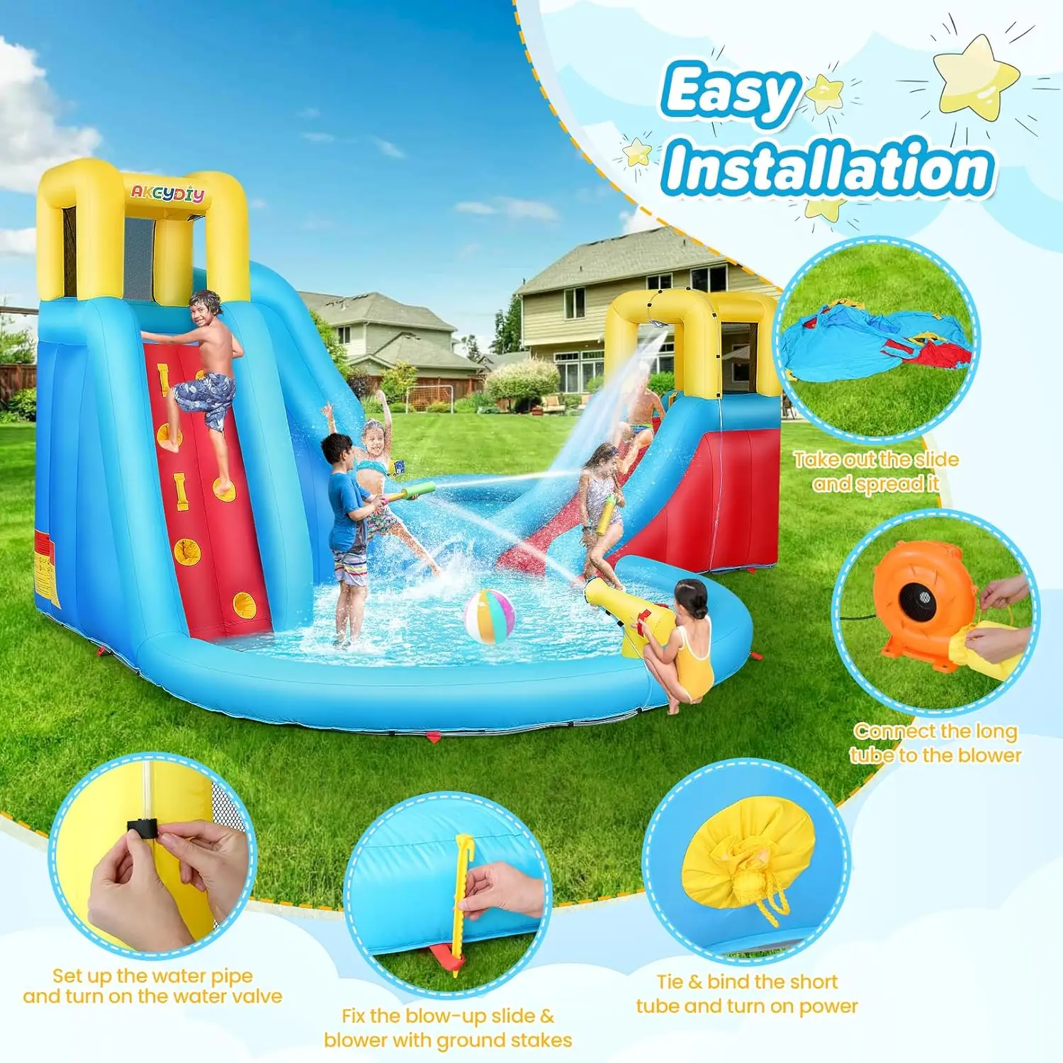 Große aufblasbare Wasserrutsche – Duell-Wasser-Bounce-Haus, aufblasbarer Wasserrutschenpark mit Spritzbecken, Kletterwand, Korbrand, Wasserkanne