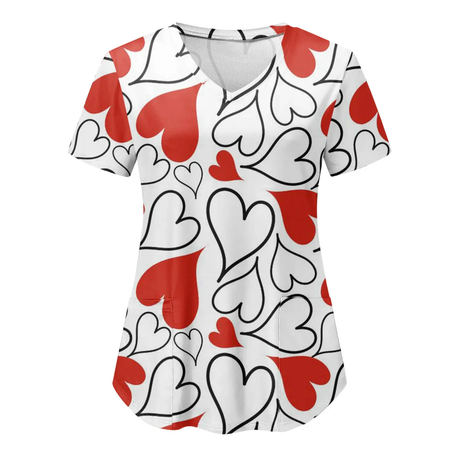 Valentine\'s Day Nurse Uniforms Heart Love Print Short Sleeve Pocket Workwear Nursing Medical Uniforms Scrubs Nursing Working