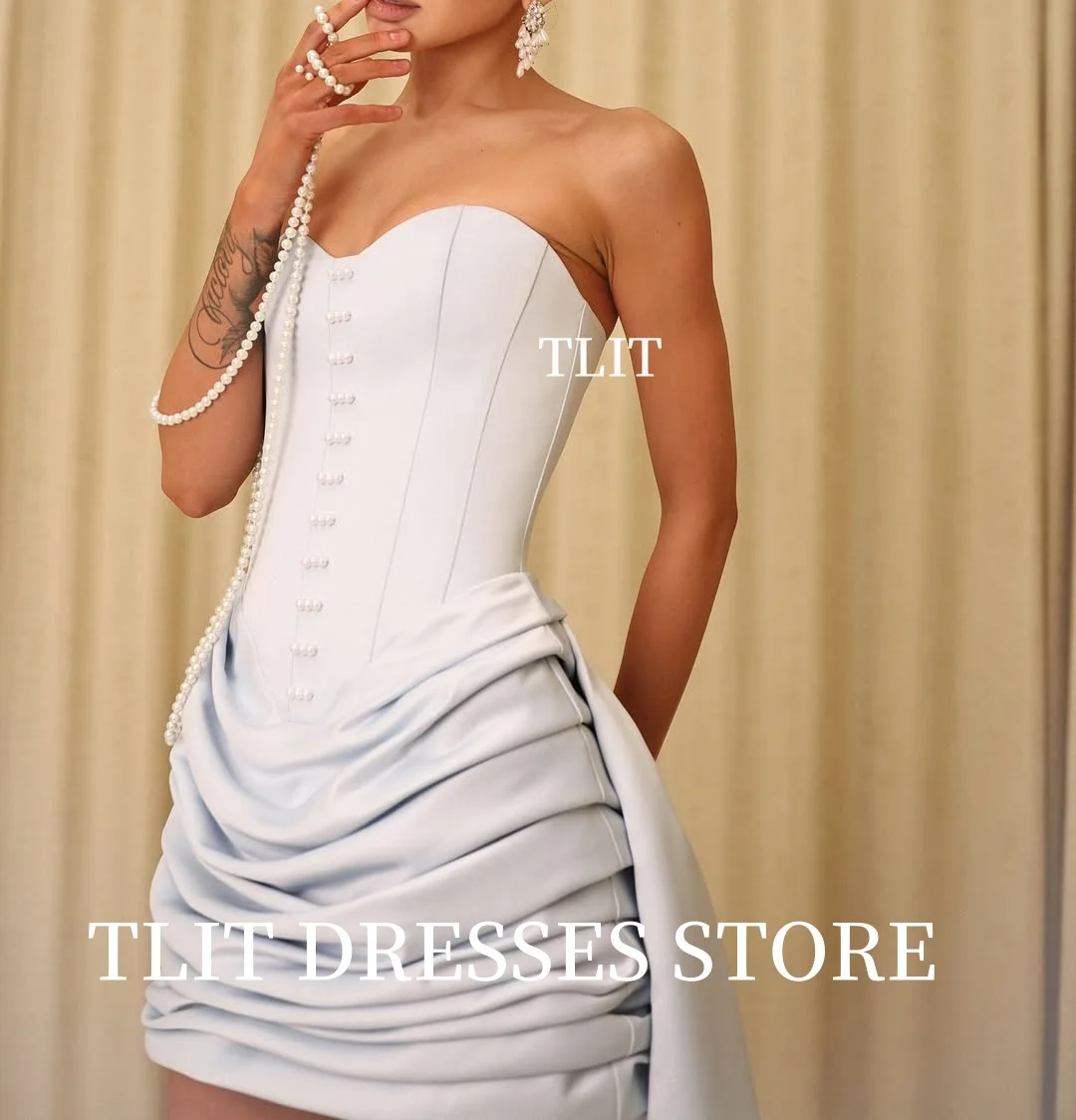 TLIT Elegante Luz Azul Plissado Sereia Vestidos de Noite Curtos Personalizados فسات arymavera★ Botões de Cetim de Seda Querida Vestido