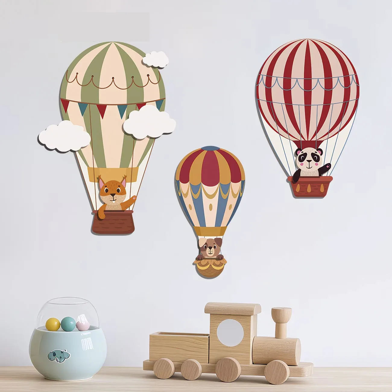 3Pcs Animal Hot Air Balloon Wooden Wall Decor Set, Vintage Style Wall Art for Home
