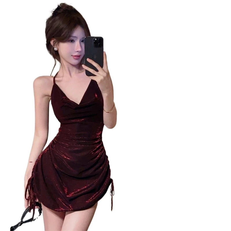 Vrouwen sexy backless trekkoord taille-cinching spaghetti bodycon jurk avondje uit clubwear zomer mouwloze mini-jurk