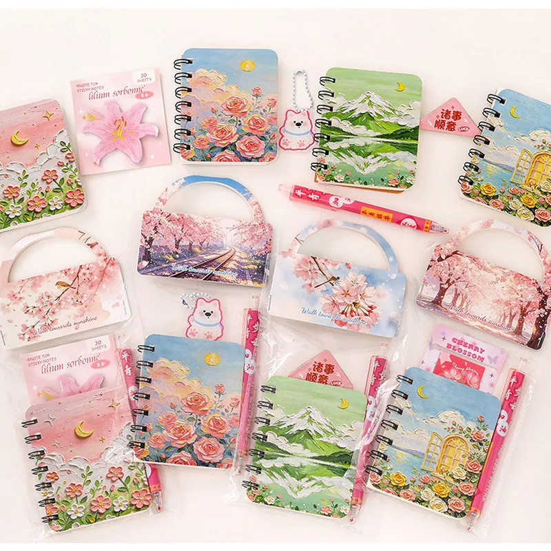 3Pcs Cute Sakura Stationery Set Random Pattern, Spiral Notebook Gel Pen Magnetic Bookmark, Aesthetic Student Prize Gift
