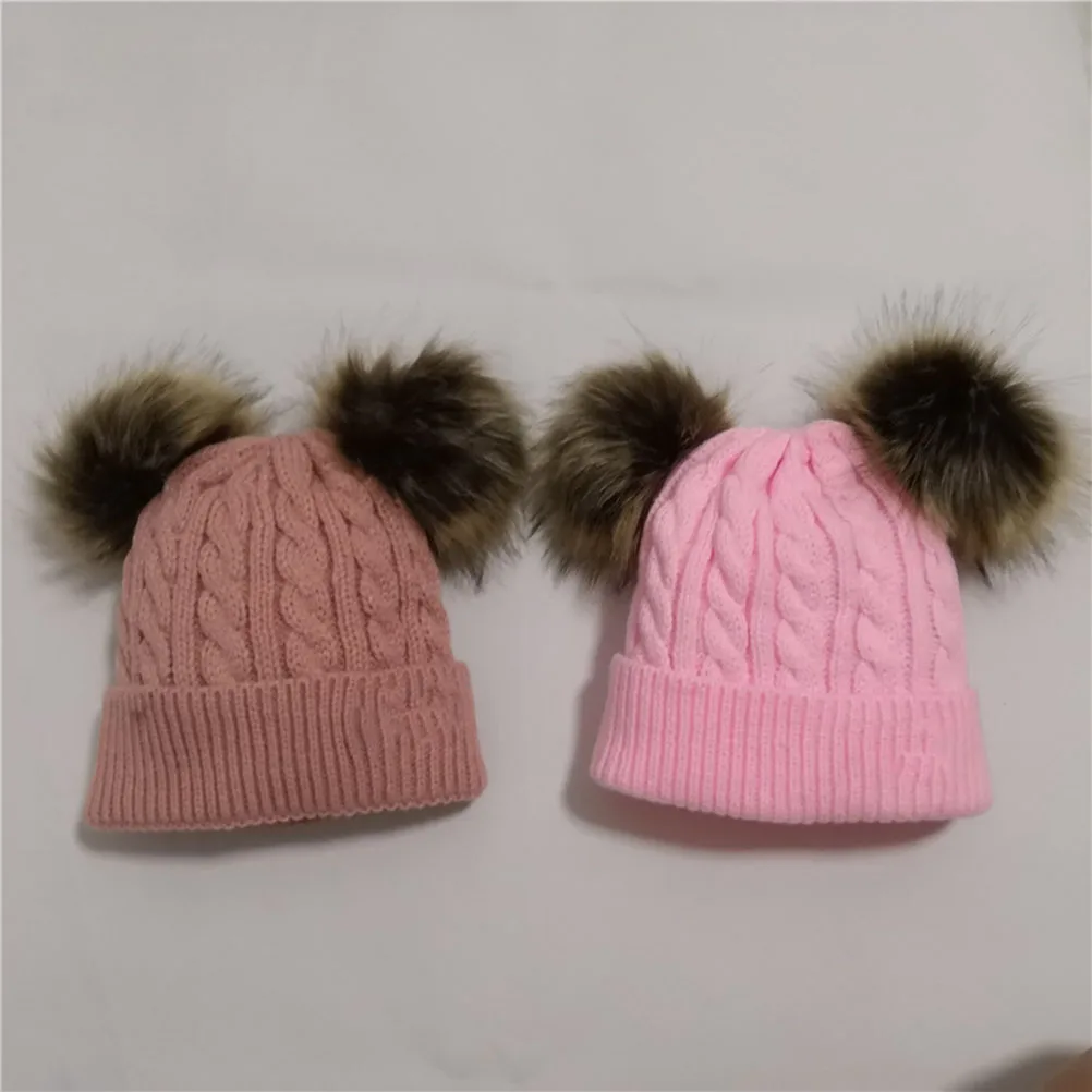

Double Pompom Kids Beanie Hat Winter Warm Knitted Cap Child Pink Autumn Birthday Festival Studio Use Superior Yarn