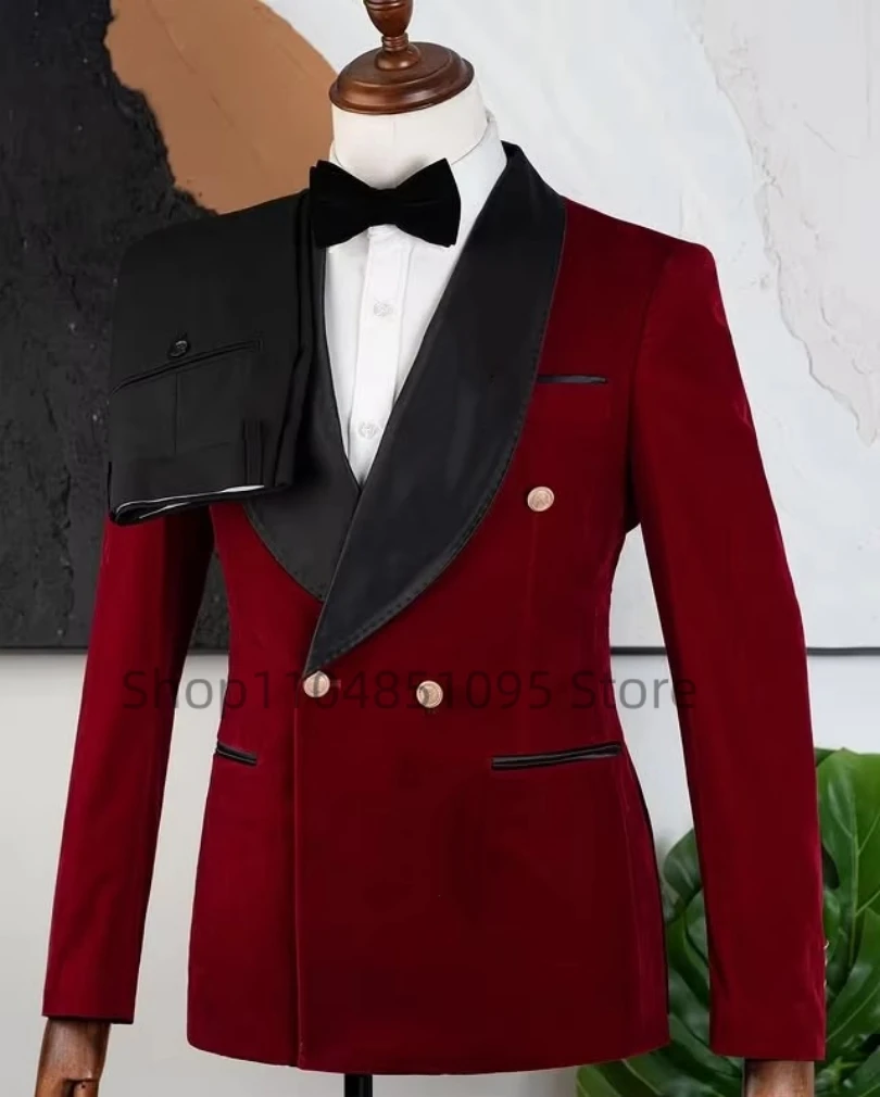 

Red/Black Velvet 2 Pieces Men Suits Set New Men's Formal Business/Wedding Suits Shawl Lapel Blazer and Pants for Party Prom