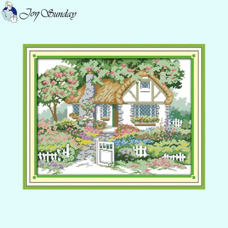 Flower House Landscape Cross Stitch Kits Aida 14CT 16CT 11CT White Canvas Fabric DMC Thread DIY Hand Embroidery Set Home Decor