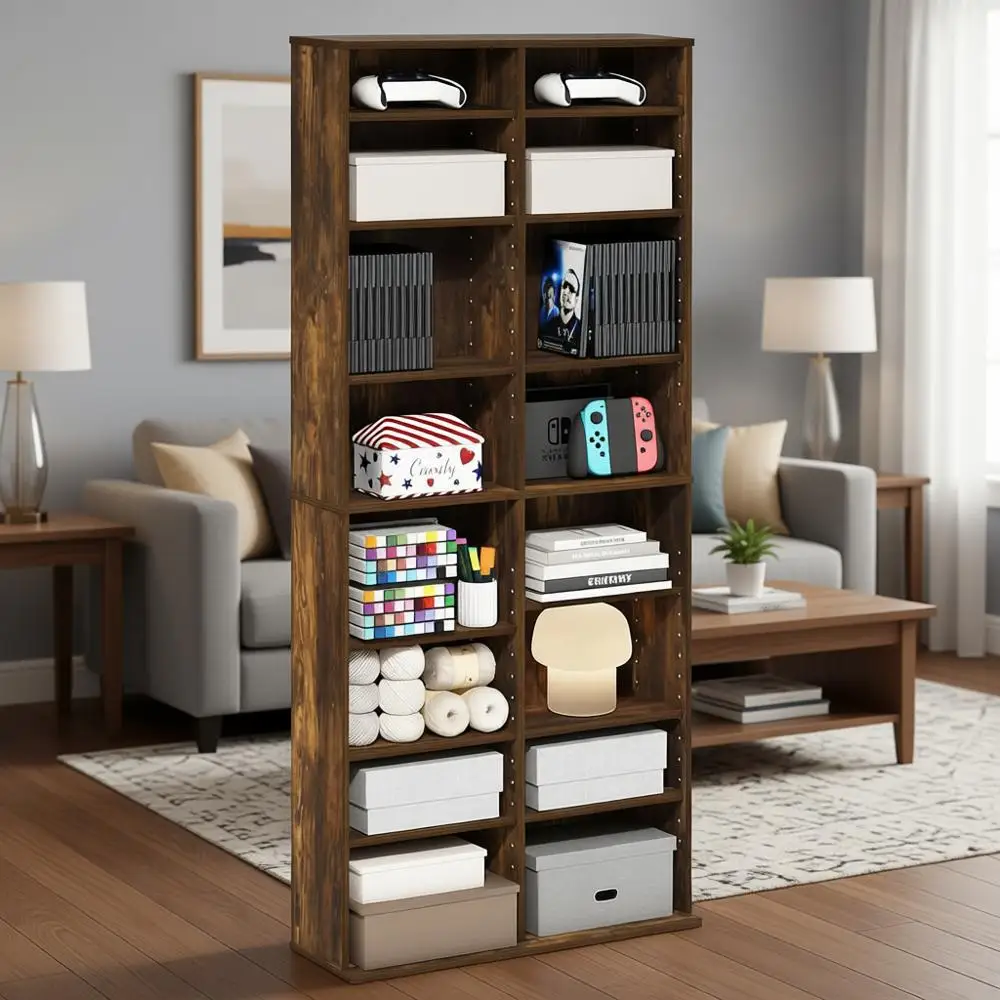 

16-Tier Wide CD/DVD Rack, Adjustable Shelf Media Storage Cabinet, Holds 8x2 Discs, Easy Assembly, Ideal for Living Room or Home