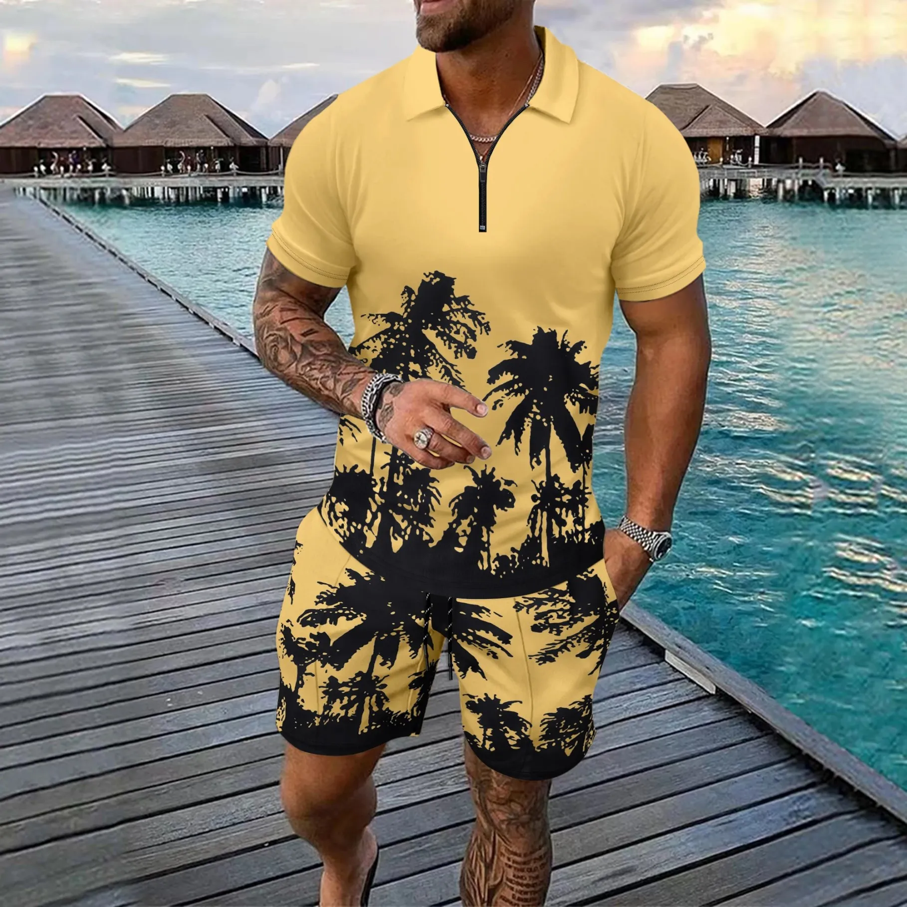 3D Coconut Tree Print Men's Short Sleeve Set Fashion Zipper Polo Shirt + Hawaiian Shorts 2 Piece Outfit Summer Casual Loose Suit