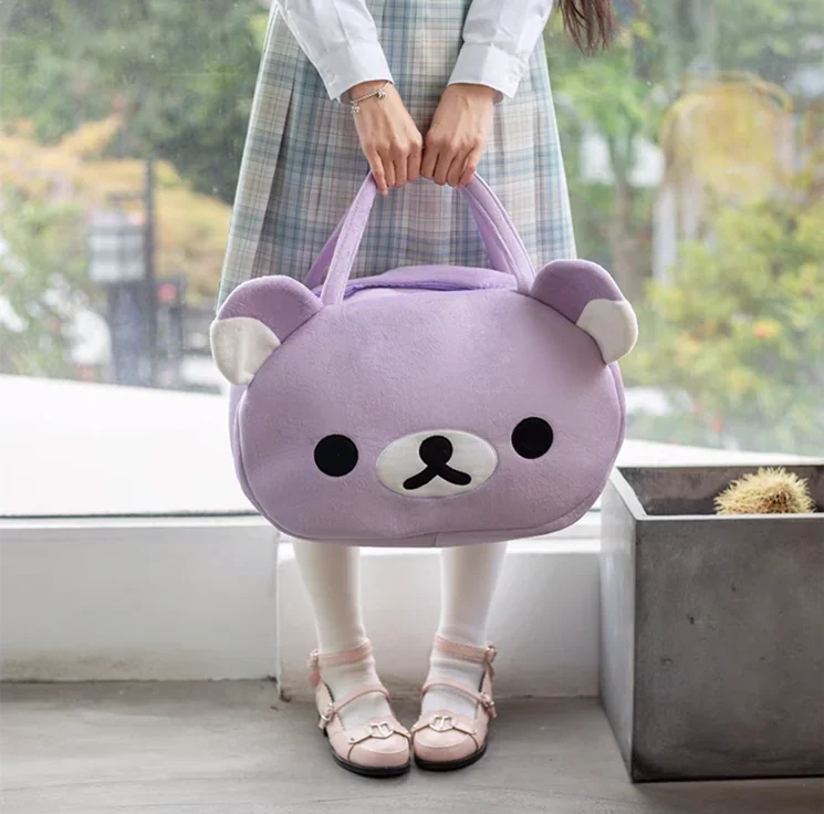 Rilakkuma Purple Plush Shoulder Bags for Women Bear Head Cute Tote Bags Large Ladies Cartoon Kawaii Travel Hand Bag Handbag