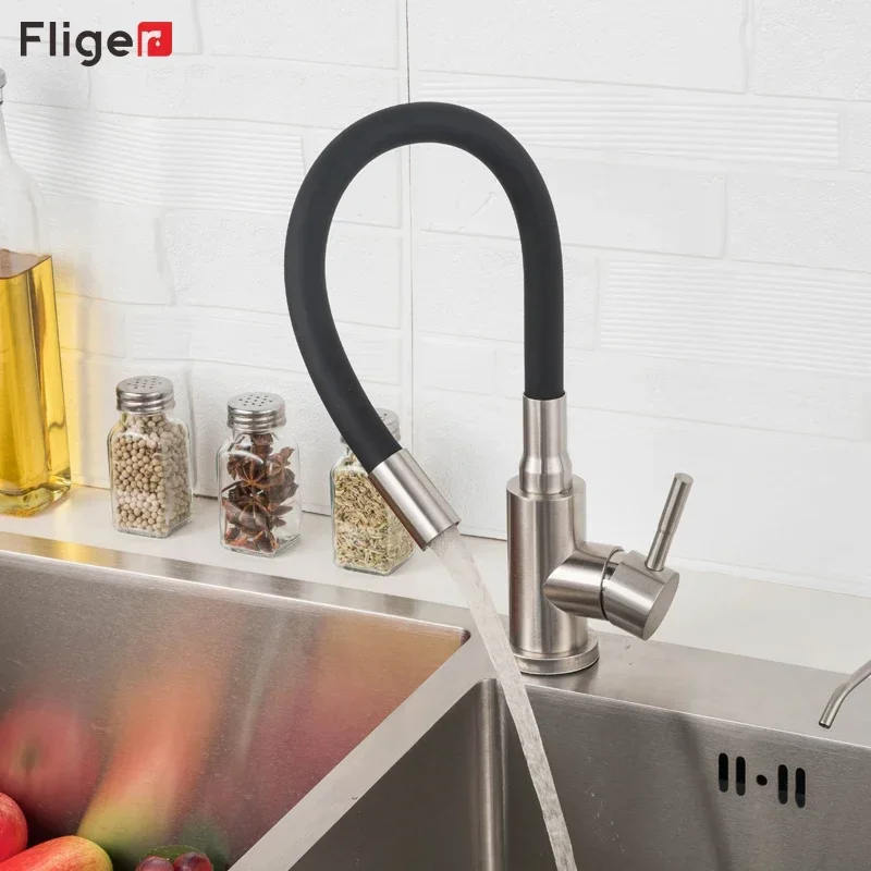 Fliger Kitchen Faucet Stainless Steel Kitchen Sink Faucet Hot and Cold Water Mixer Crane Tap Deck Mounted Torneiras De Cozinha