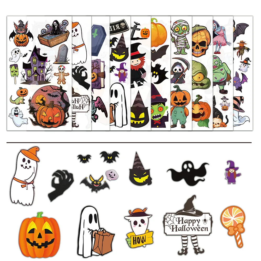 10 SZTUK kreatywnych naklejek z tatuażami Halloween Pumpkin Ghost Cartoon Element Wodoodporne, nietoksyczne, bezpieczne i łatwe do czyszczenia