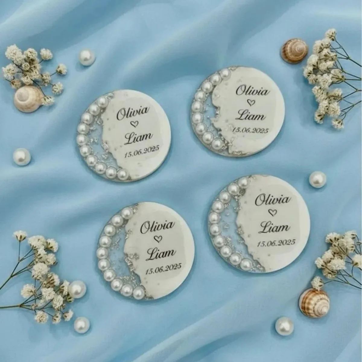 

Personalized Pearl Epoxy Magnet , Wedding Favors , Baptism , Baby Shower , Engagement , Resin Fridge Magnets