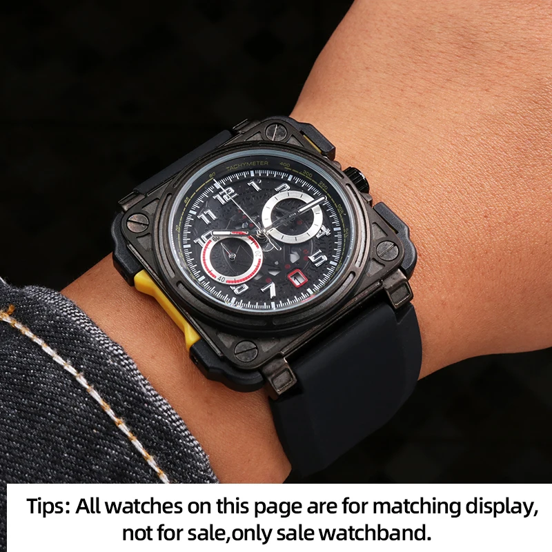 حزام ساعة سيليكون خاص للرجال ، واجهة محدبة ، سوار اسود ، سلسلة بيل وروس انسترومنتس ، BR01 ، BR03A ، 24 مللي متر