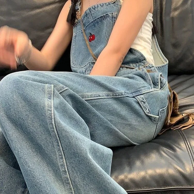 Kersen Geborduurde Jean Jumpsuits Vrouwen Nieuwe Vintage Baggy Denim Overalls High Street Rechte Losse Wijde Pijpen Broek Vrouw B81