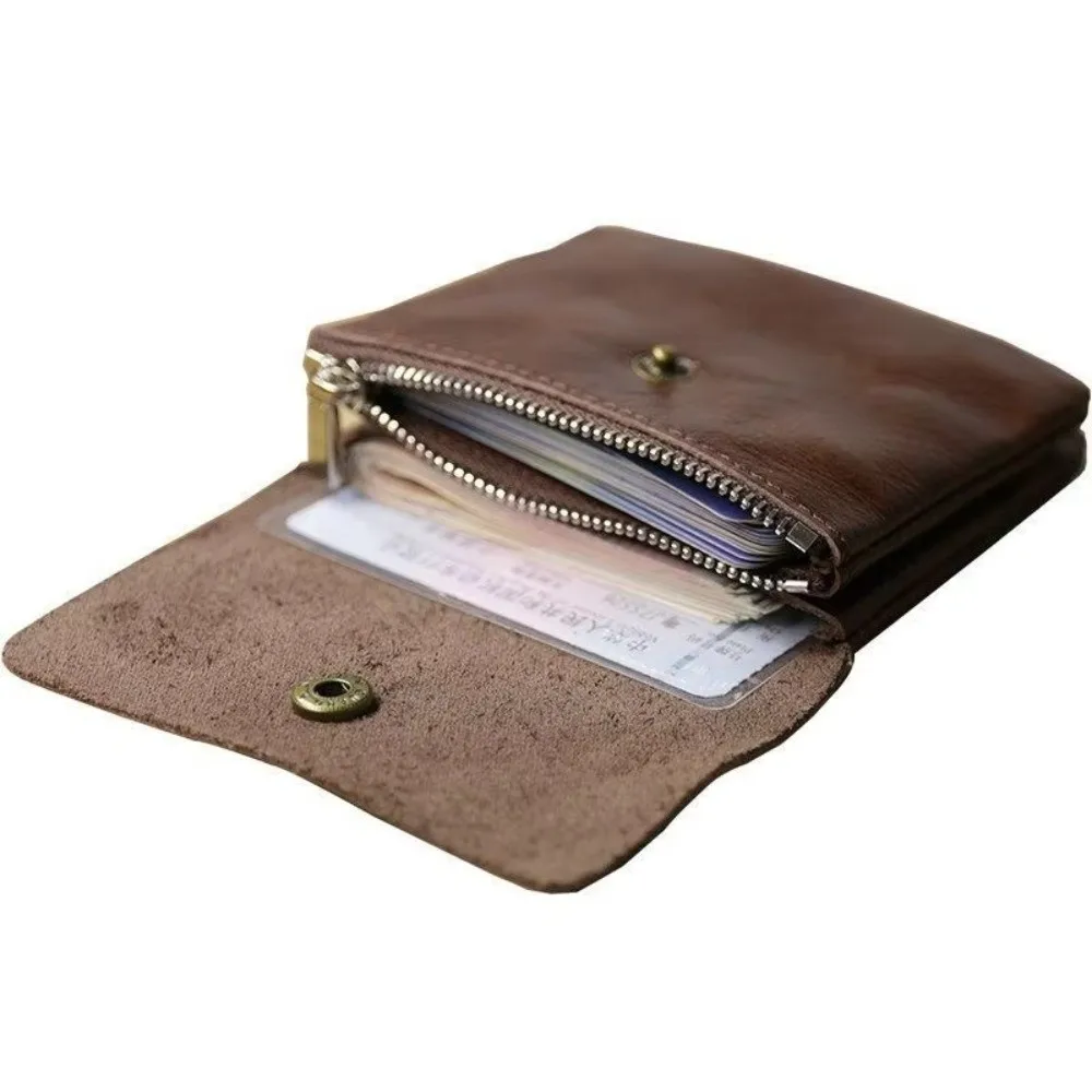 Retro Brown Black Snap Button Wallet Zipper Pocket Slim Profile Card Holder Multi Card Slots Gift Short Wallet For Women Men