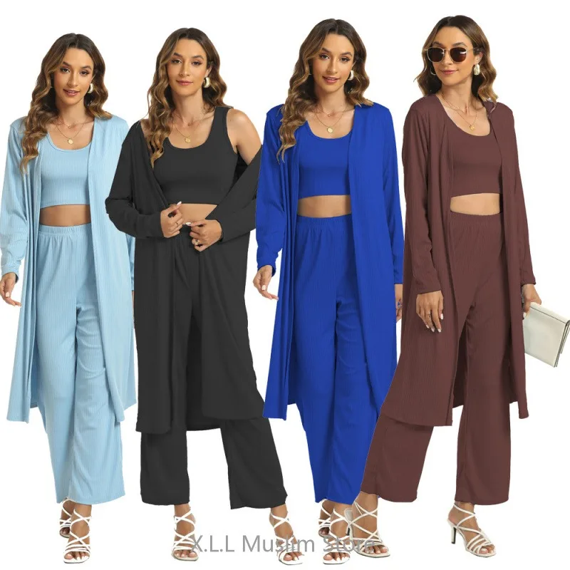 

3 Piece Set Muslim Sports Set Soild Color Women Robe Clothes Loose Vest Coat Tops with Wide Leg Pants Ensemble Femme Musulmane