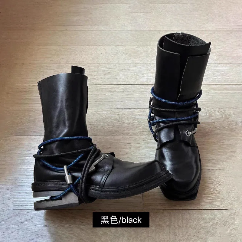 Retro Men's Genuine Leather Engineer Boots Strange Metal Chunky Heel Mid-Calf Round Toe Elastic Band Western Riding Boots Women