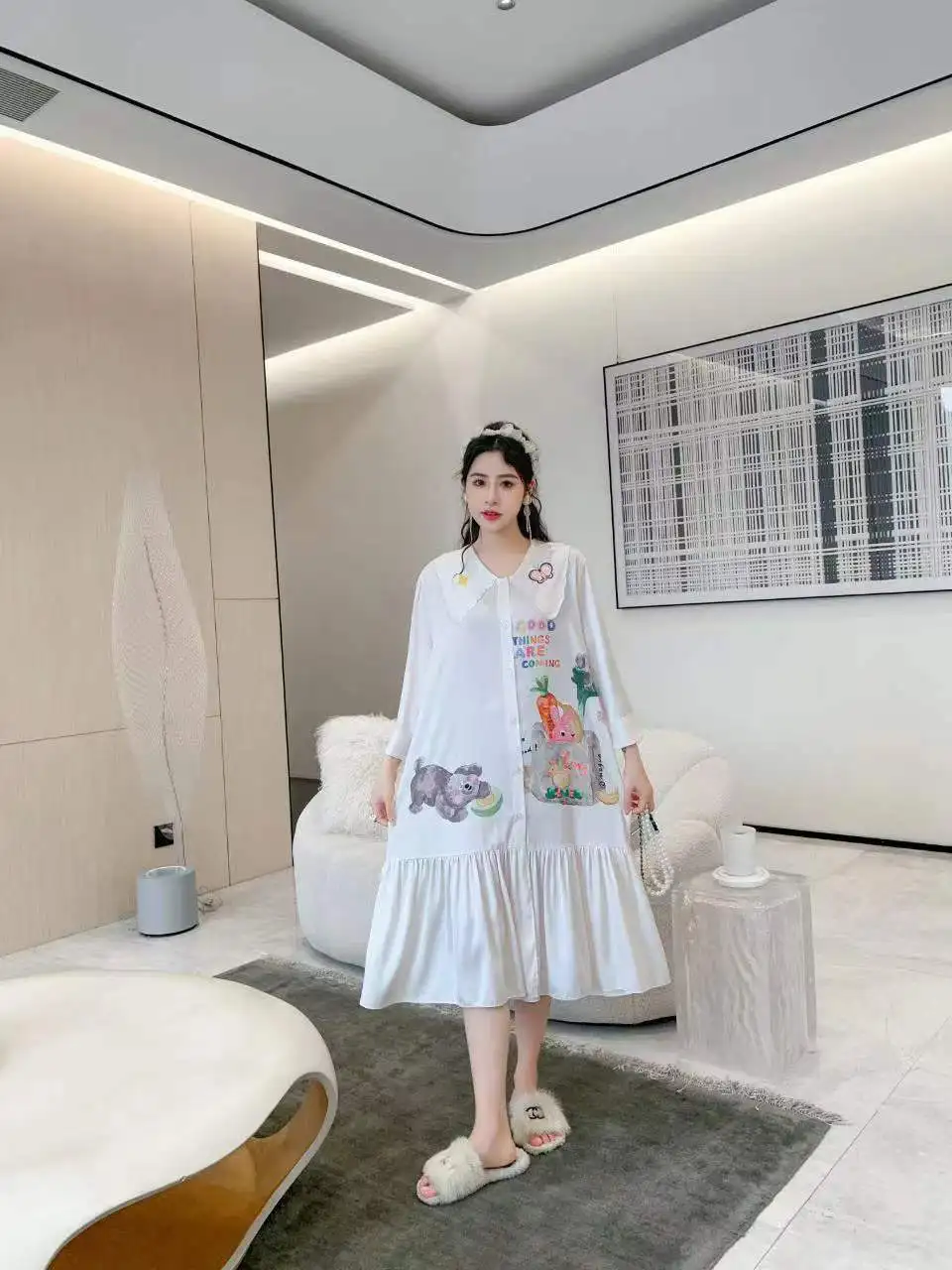 Sweet Women Nightgown Sleepshirt Gown 2023 New Nightdress Silky Satin Sleepwear Summer Casual Rayon Home Dress Loungewear image 6