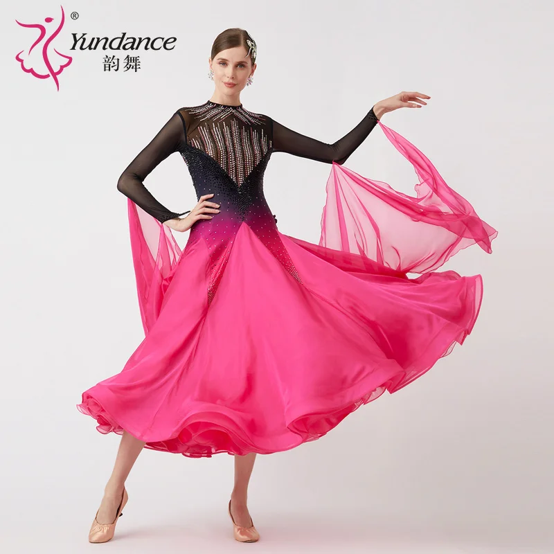 

B-23099 New Arrival International Standard Ballroom Dance Dress High Quality Peach Chiffon Long Ballroom Dancing Dress for Sale