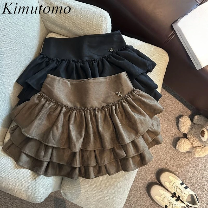 

Kimutomo Vintage Mini Skirts Women Autumn Winter Sexy High Waist Fashion Ruffles Cake Skirt Female Casual Party Clubwear