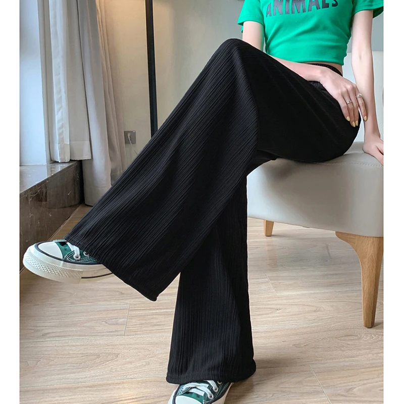 Women\'s Ice Silk Wide Leg High Waist Pleated Straight Loose Straight Thin Casual Dragging Trousers Summer Pants Korean Clothing