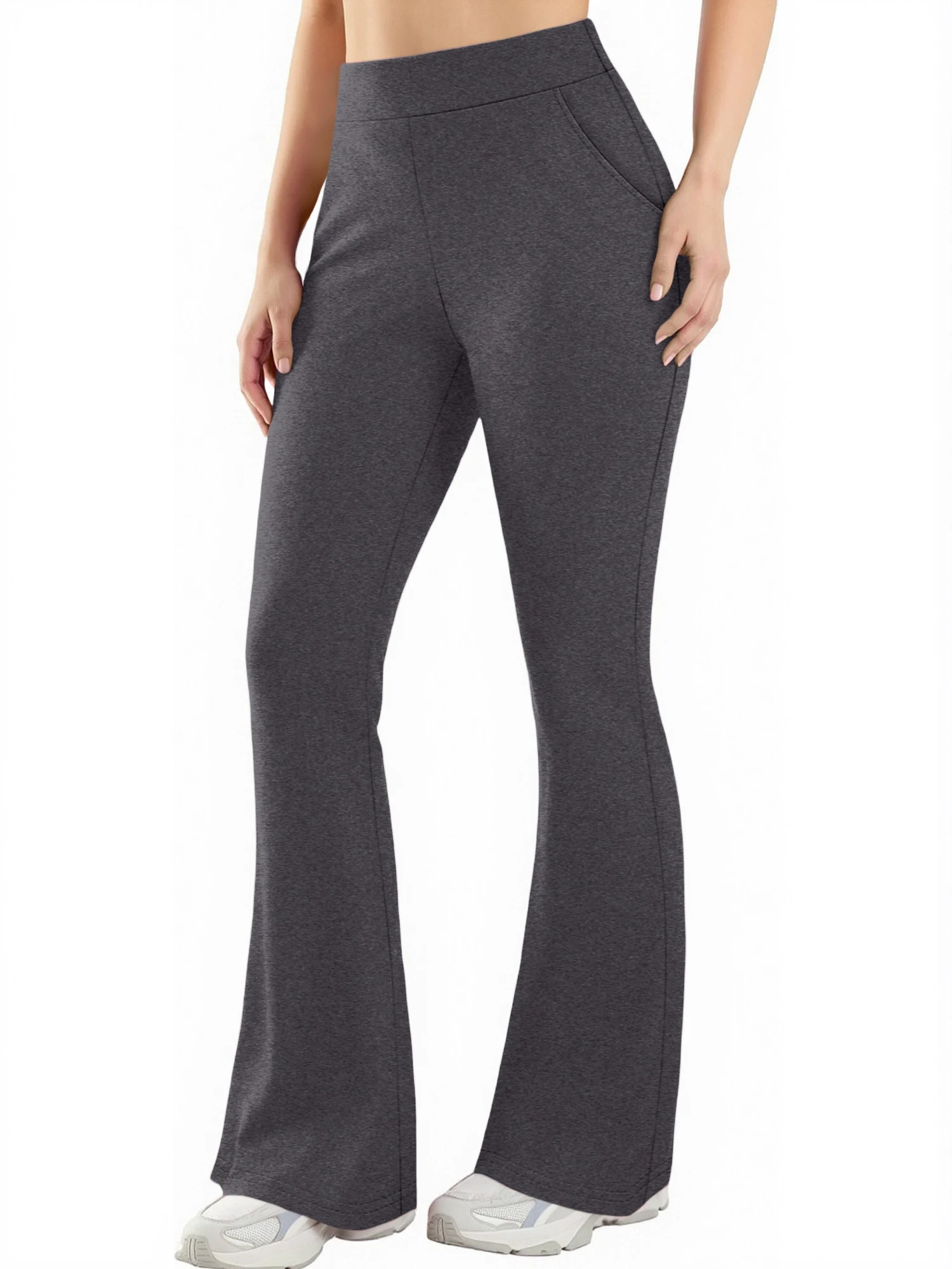 Casual Daily Women Bell Bottom Trousers High Waist Side Pockets Elastic Flare Yoga Gym Jogging Sports Pants
