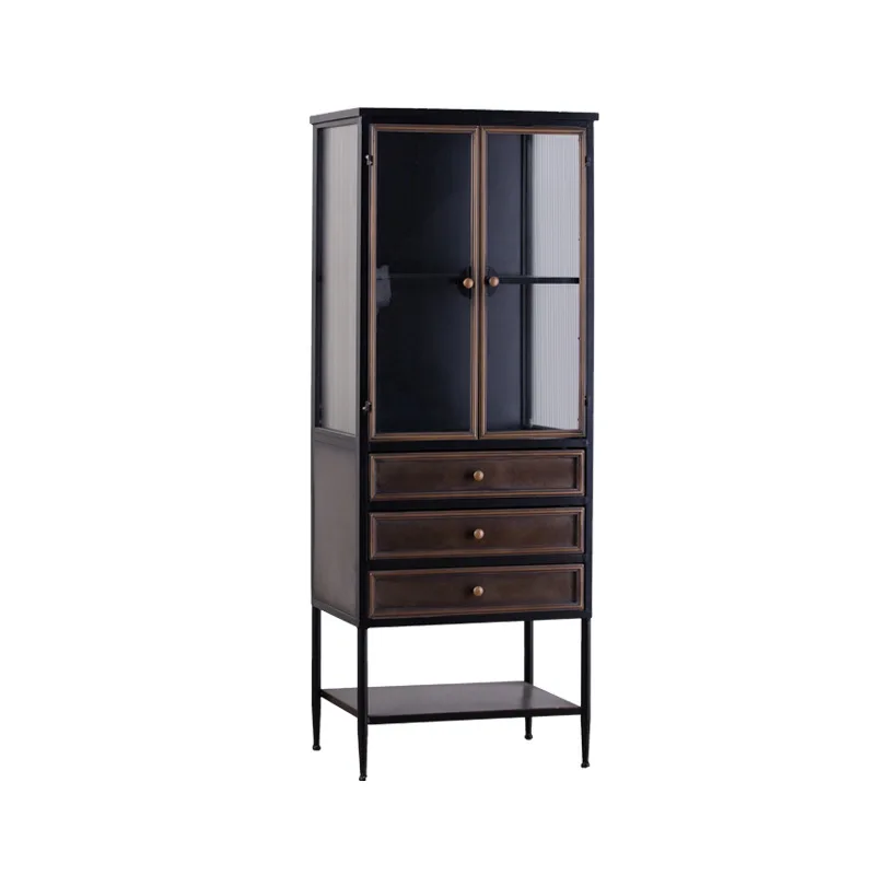 Factory Direct 2026 Industrial style wrought iron display cabinet three-sided glass living room display cabine loft multi-drawer
