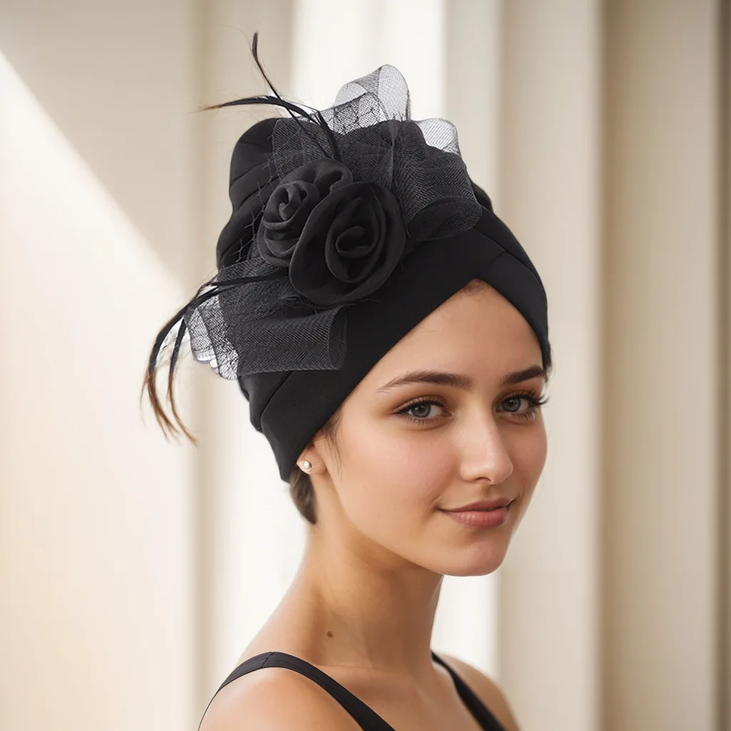 Mode Vrouwen Veer Bloem Tulband Cap Vrouw Hoofd Wraps Bruiloft Feest Hoofddeksel Moslim Hoofddeksels Hoed Dame Haar Accessoires