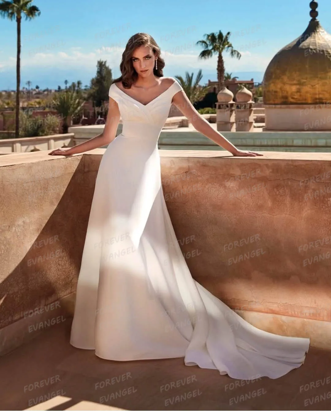 

Simple Wedding Dresses A Line Woman's Satin V Neck Off Shoulder Bride Gowns Sweep Train Vestidos De Noche Customized Gloveless